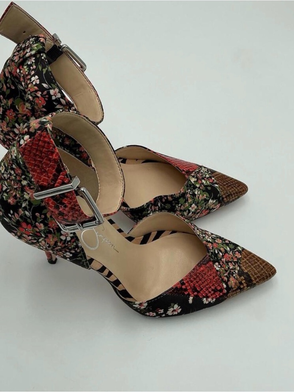 Floral Patchwork Pointed-Toe Ankle Strap Heels - Black & Red